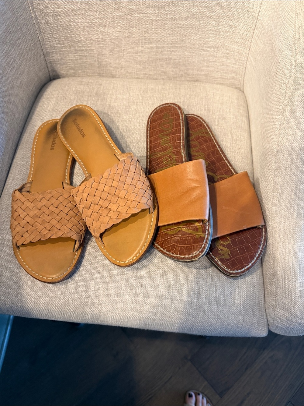 Sam Edelman and Soludos Tan Leather Slide Sandals Duo- it's a twofer